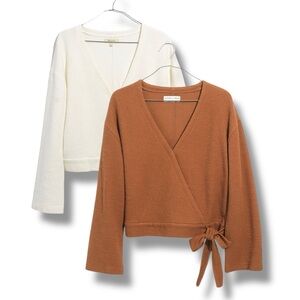 Set of (2) Madewell Texture & Thread Cotton 3/4 Sleeve Wrap Tie Tops | XS